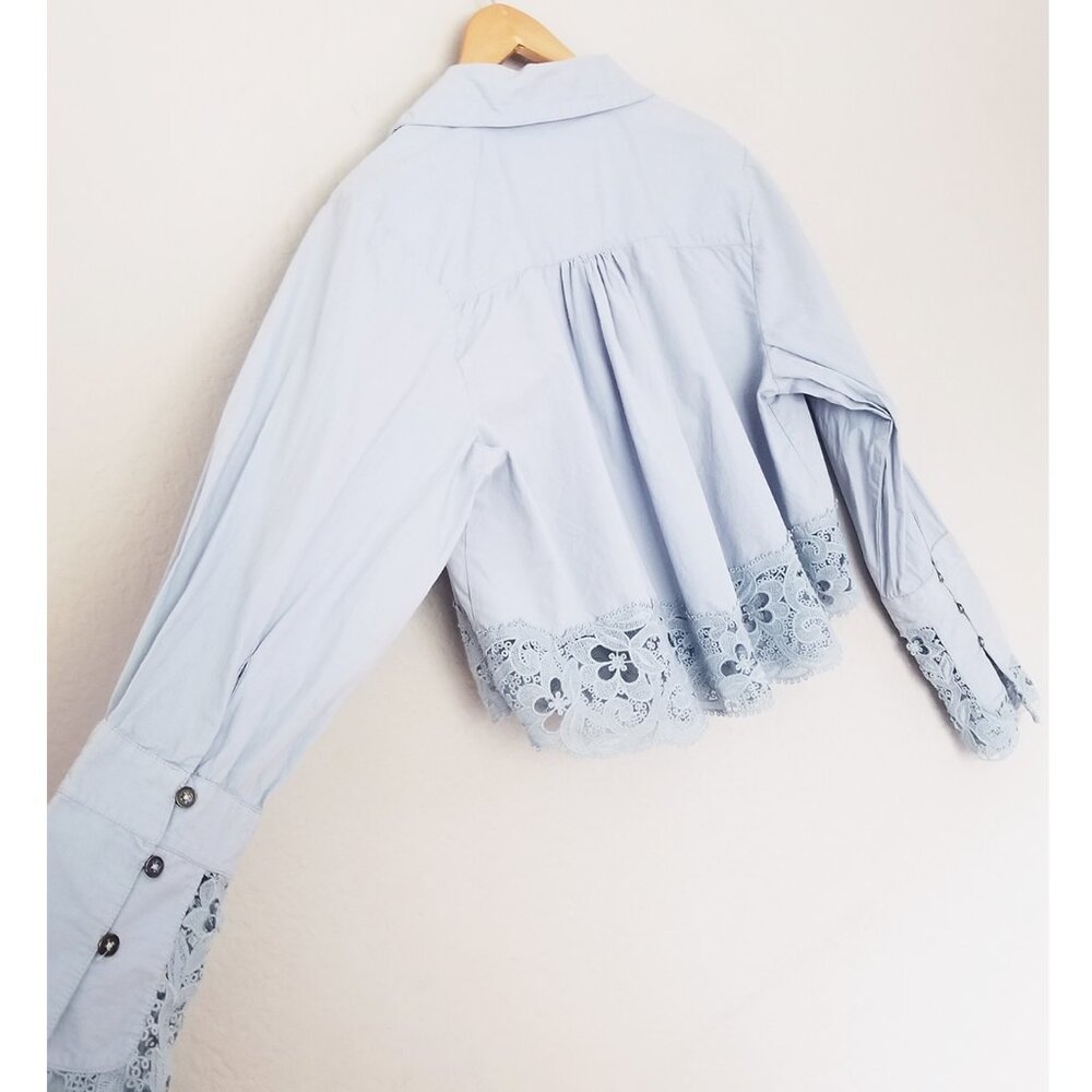 Free People Crochet Lace Trim Hooked On You Top Button Front Shirt Blue M $128 - Picture 12 of 16